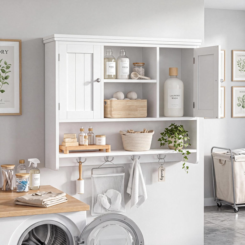 31.5"W 3-Tier Wall Mounted Bathroom Cabinet with Hooks X2849