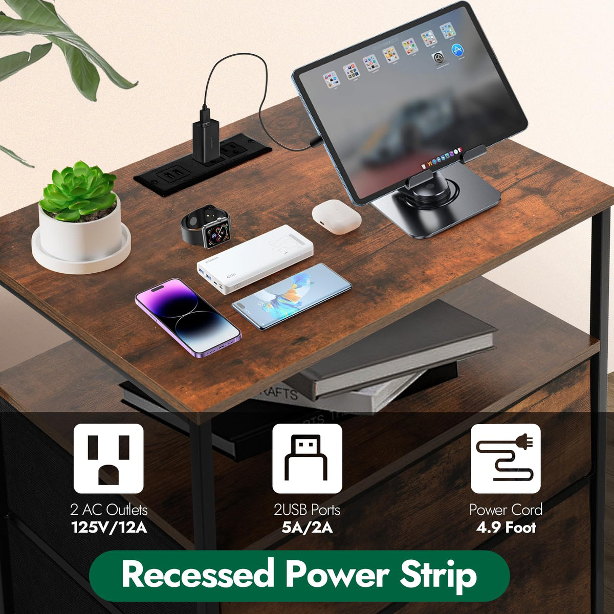 3-Drawer LED Nightstand with Charging Station M373