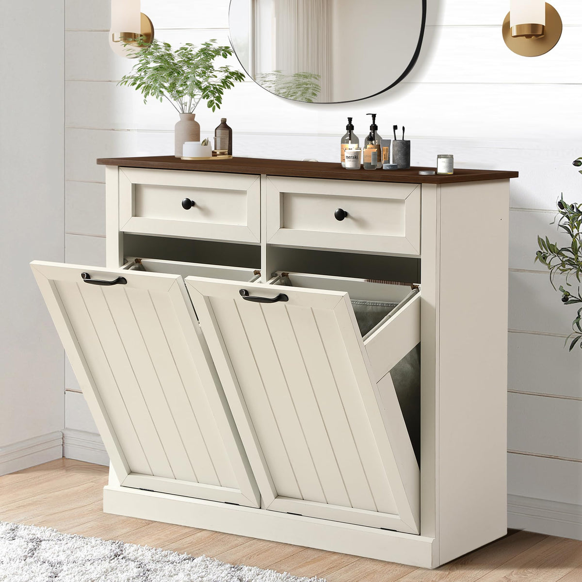 White 22 Gallon Wooden Laundry Hamper Cabinet with 2 Drawers X967906