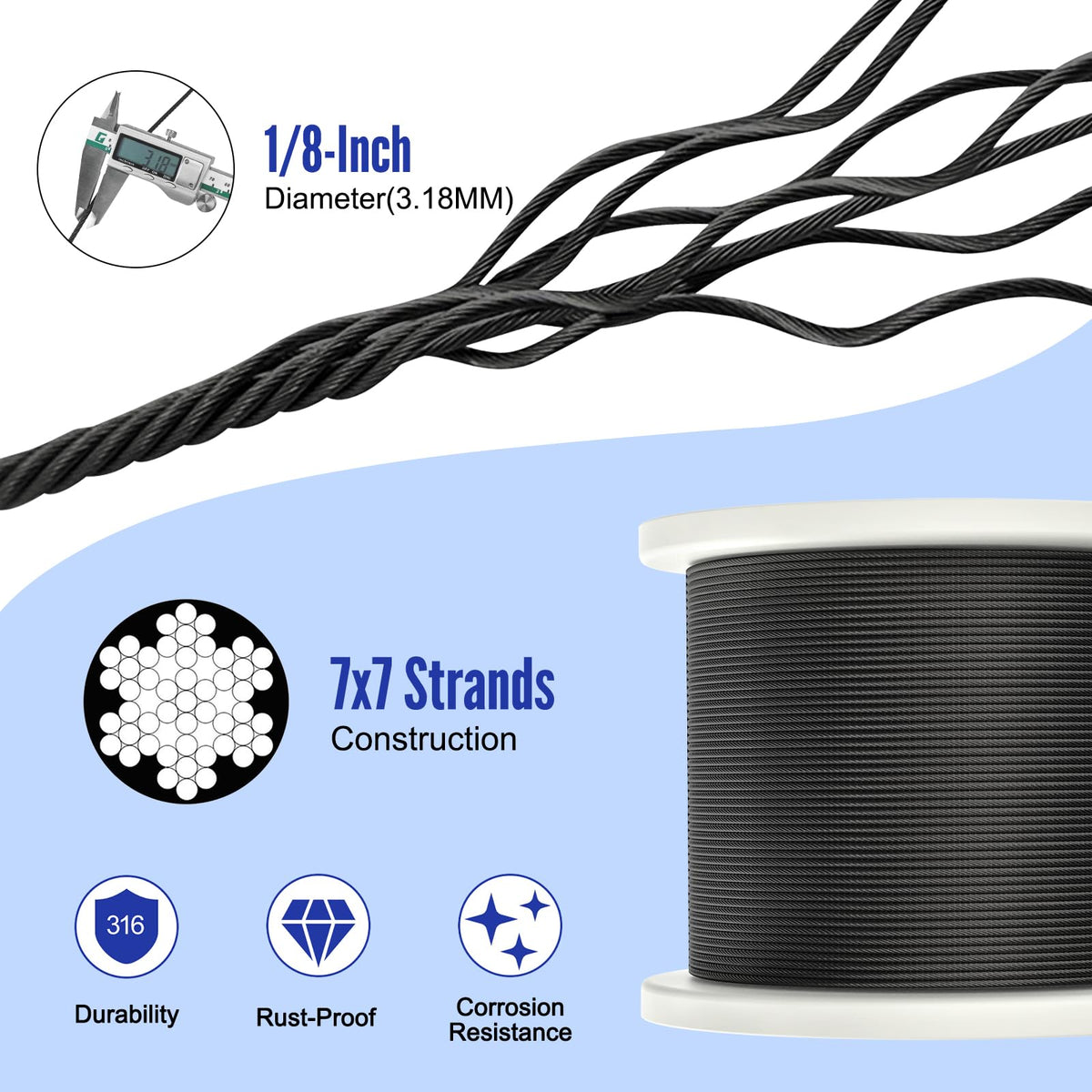 1000FT 1/8" Black Stainless Steel Cable X16254