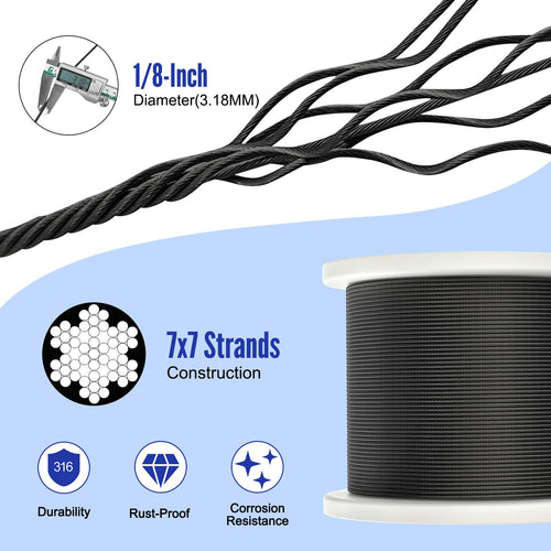 1000FT 1/8" Black Stainless Steel Cable X16254