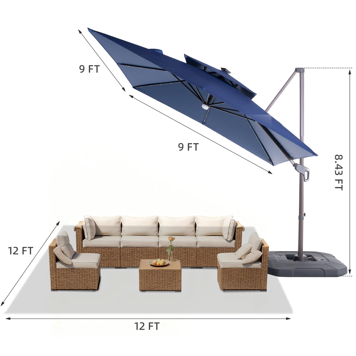 9x9 FT Cantilever Offset Patio Umbrella with Lights & Base L40450