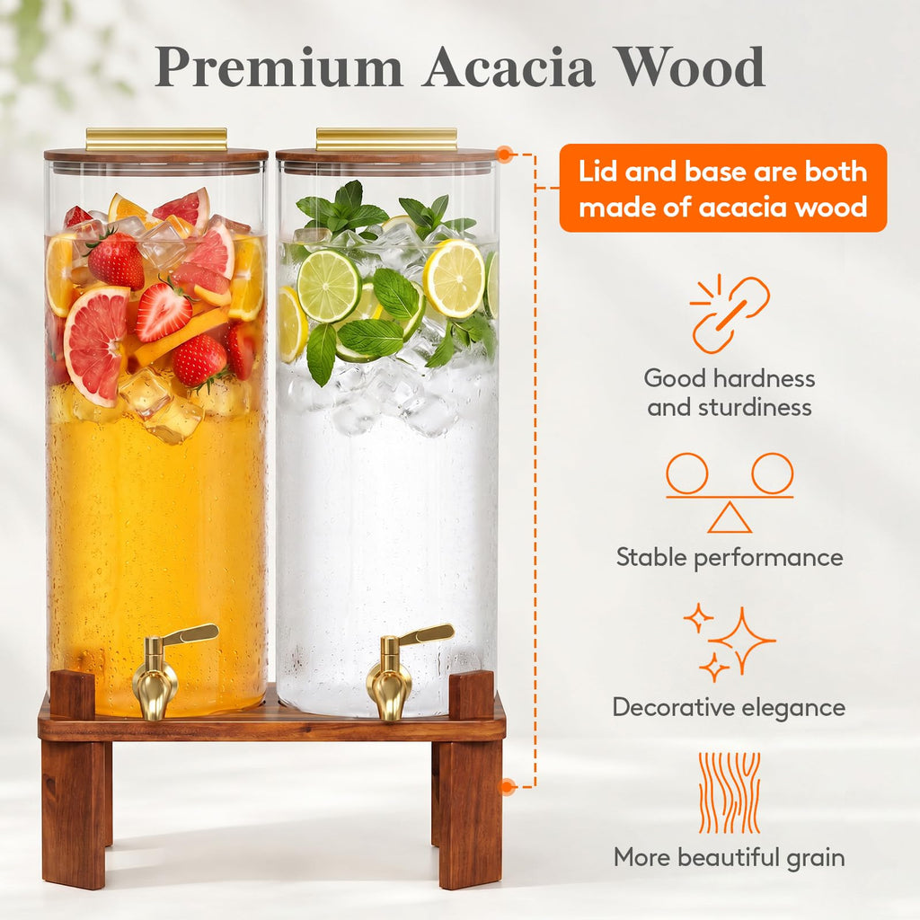 2 Gallon Glass Drink Dispenser with Wood Stand O5856