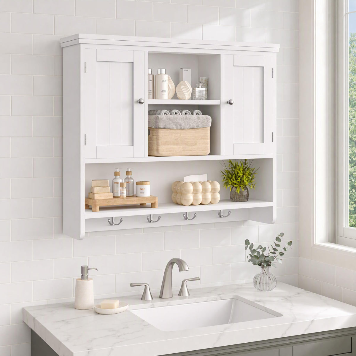 31.5"W 3-Tier Wall Mounted Bathroom Cabinet with Hooks X2849