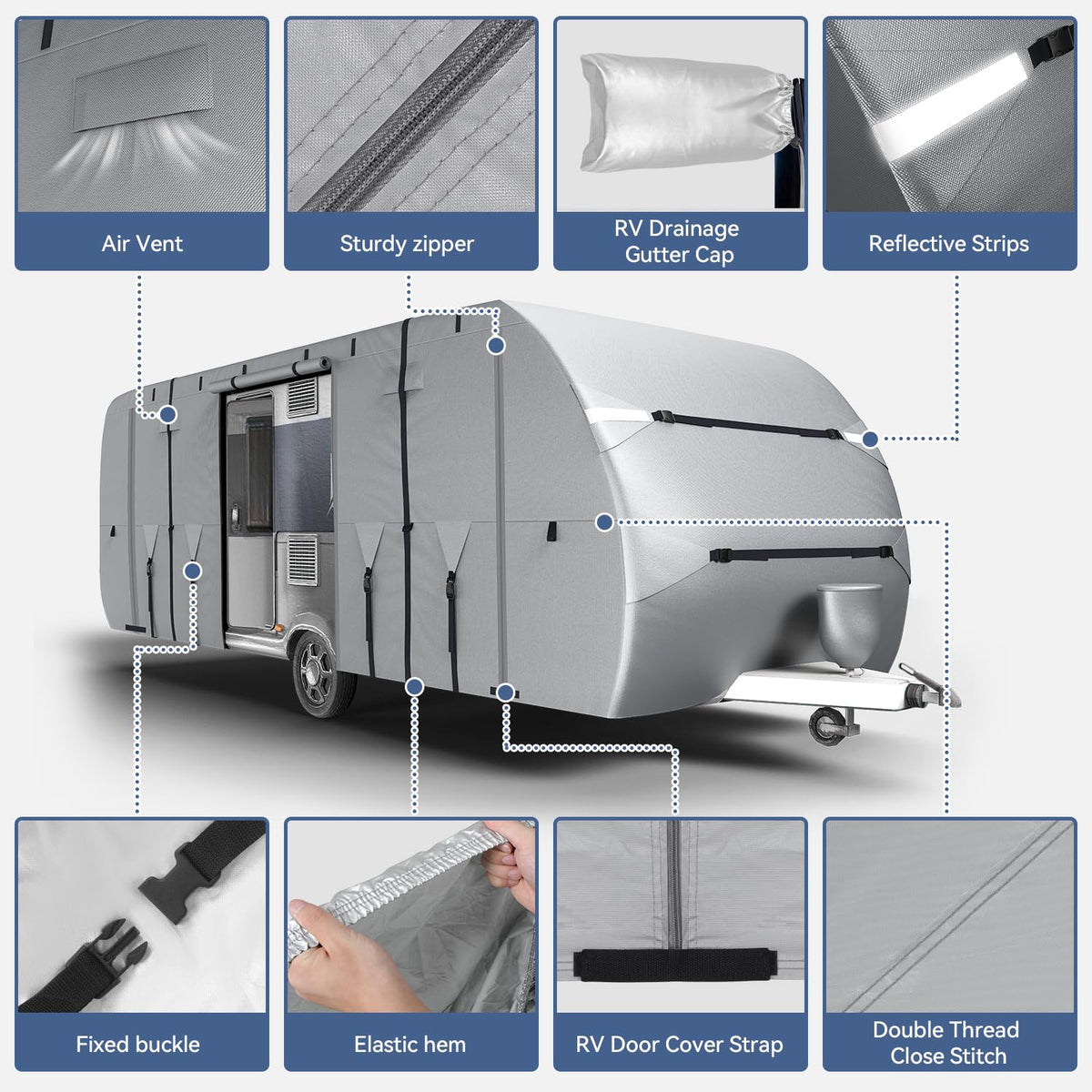 300D Oxford 27-30ft Camper Cover with Jack Cover, 4 Tire Covers and Gutter Cover Q74741
