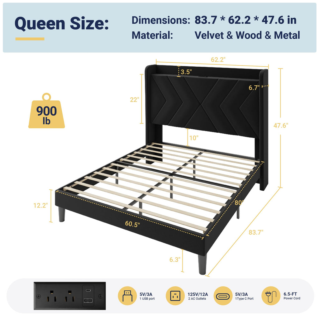 Queen Size Black Velvet Bed Frame with Charging and Shelf I229