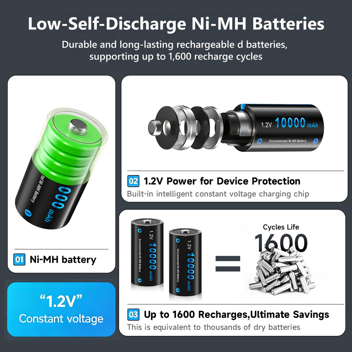 4 Pack 10000mAh Rechargeable D Batteries with 8 Bay LCD Charger L6044