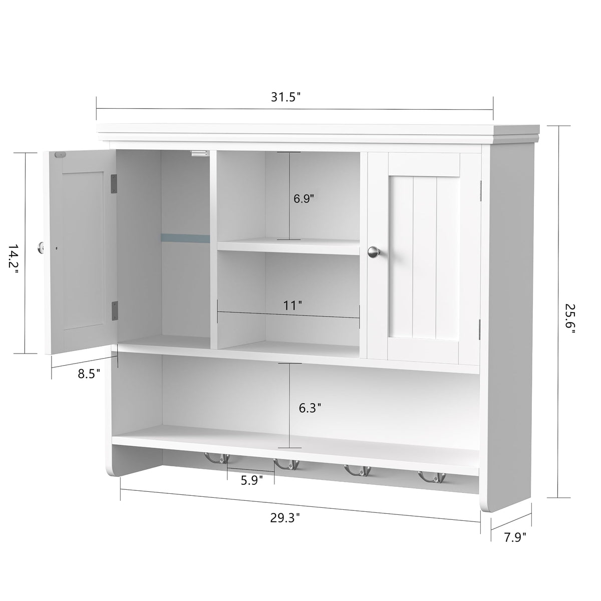 31.5"W 3-Tier Wall Mounted Bathroom Cabinet with Hooks X2849