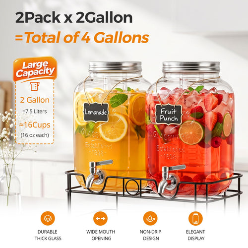2 Gallon Glass Drink Dispensers, 2 Pack V742671