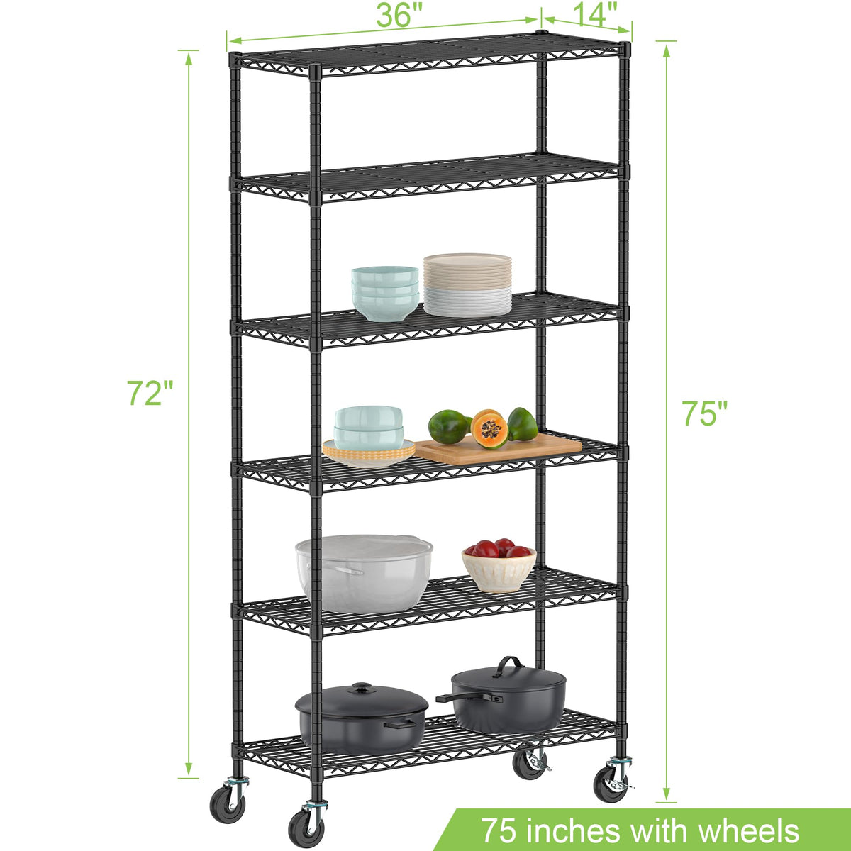 6 Tier Wire Metal Shelving Rack with Wheels V501023
