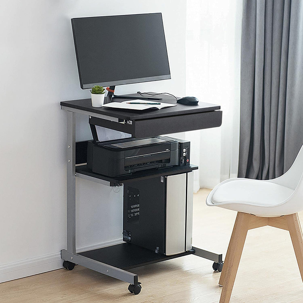 Black Rolling Desk with Drawer and Printer Shelf U86653