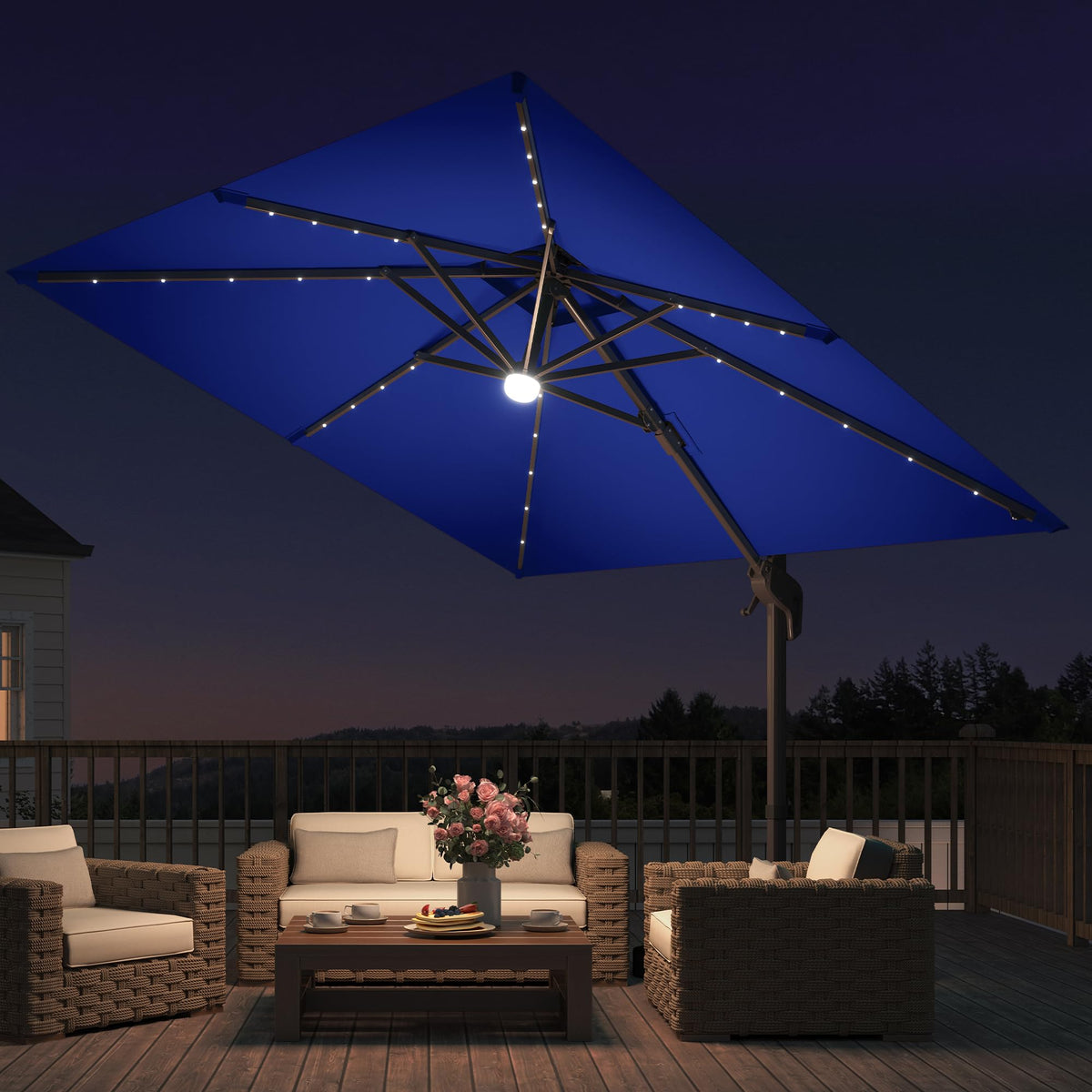 9x9 FT Cantilever Offset Patio Umbrella with Lights & Base L40450