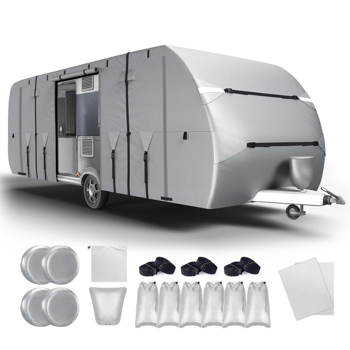 300D Oxford 27-30ft Camper Cover with Jack Cover, 4 Tire Covers and Gutter Cover Q74741