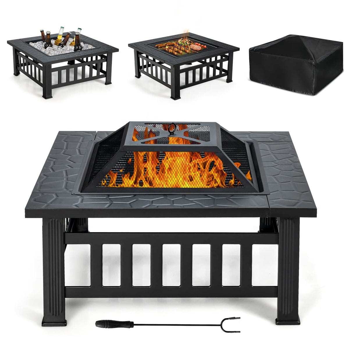 32 Inch Square Steel Wood Burning Fire Pit Y674608