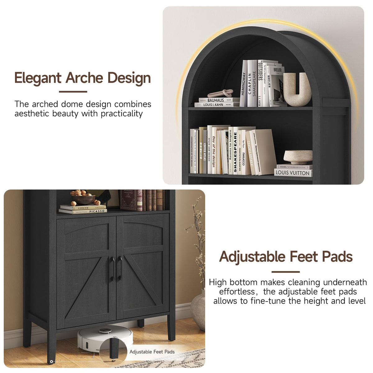 Black 5-Tier Arched Bookshelf with Door T8116
