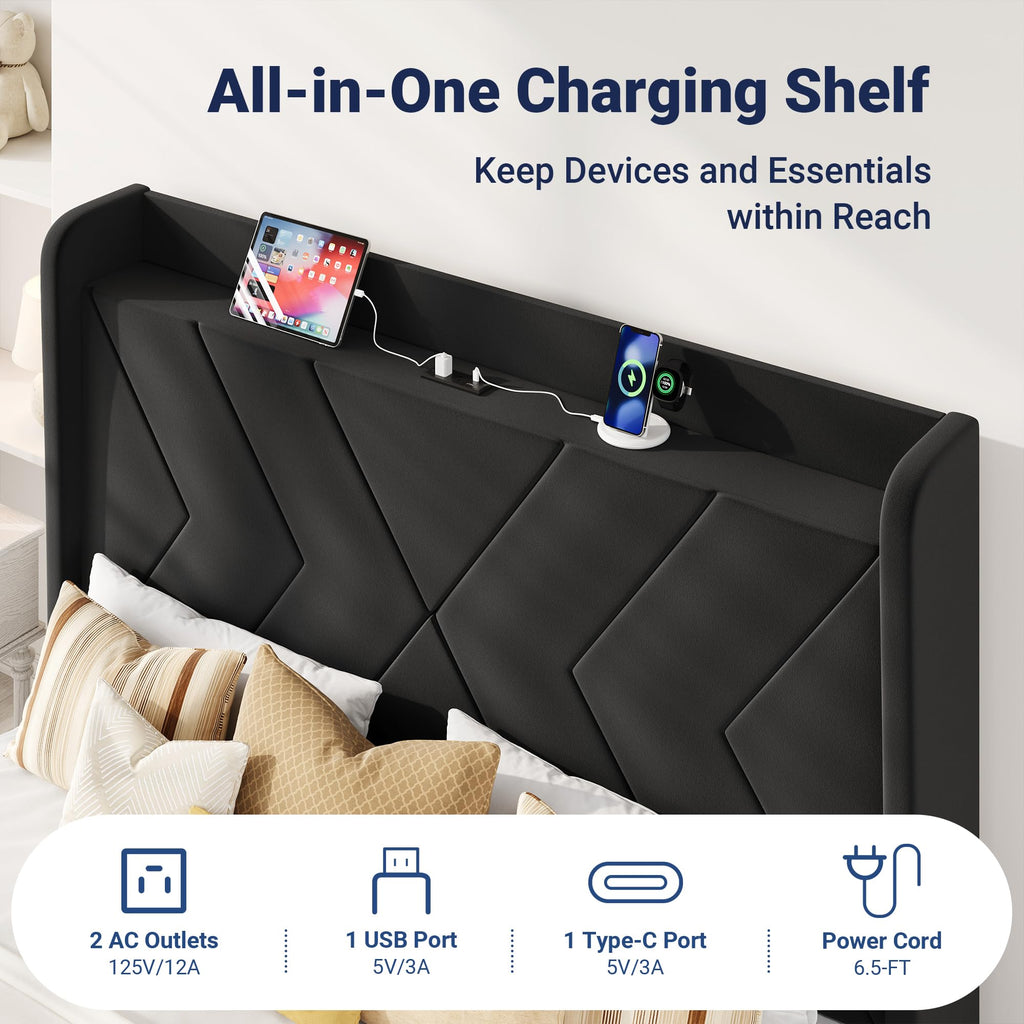 Queen Size Black Velvet Bed Frame with Charging and Shelf I229