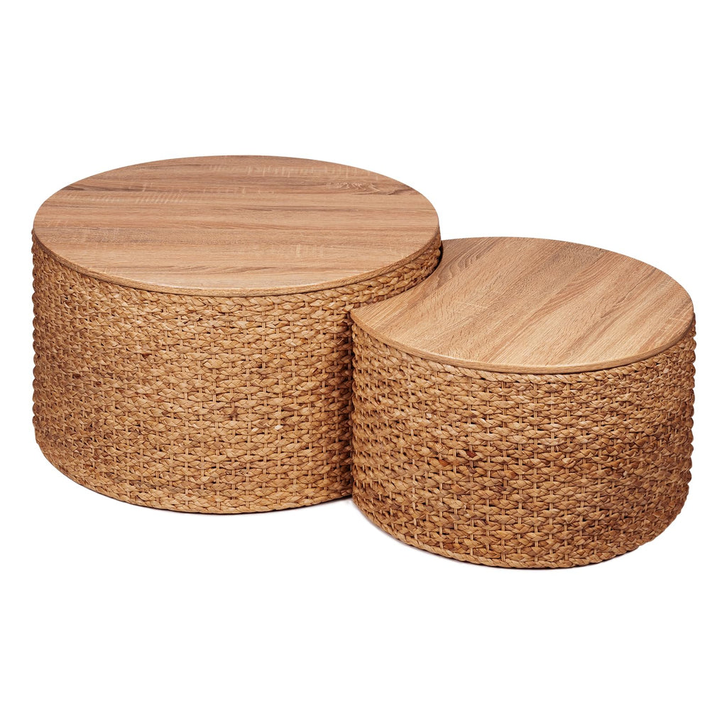 Round Nesting Coffee Table Set of 2 with Storage Wicker Rattan Wood Frame T819