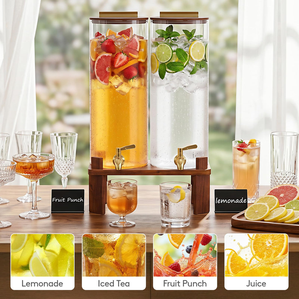 2 Gallon Glass Drink Dispenser with Wood Stand O5856