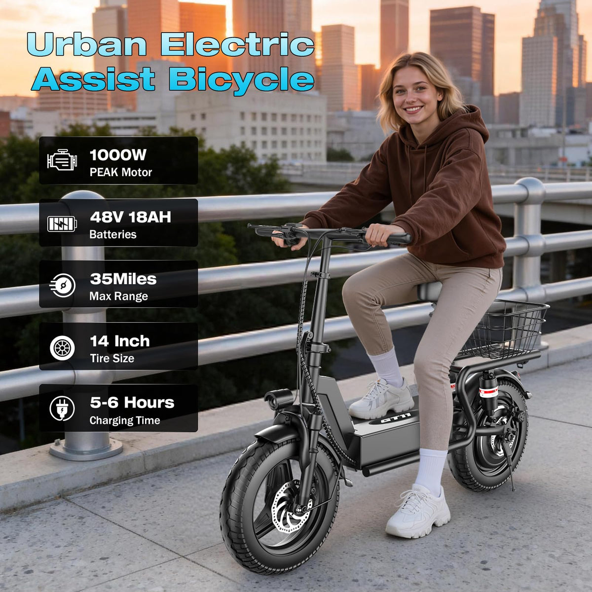 Electric Scooter with Seat, 1000W Peak Motor, 25 MPH, 14" Pneumatic Tires J272