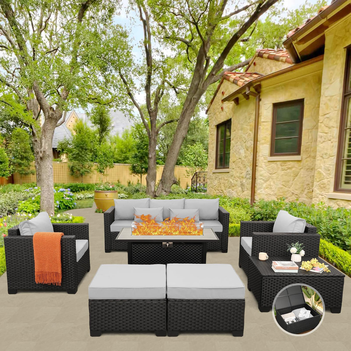 7 Pieces Outdoor Patio Furniture Set with 60000 BTU Propane Fire Pit Table R143487