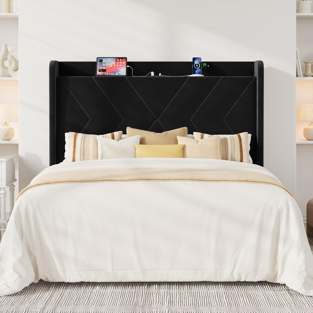 Queen Size Black Velvet Bed Frame with Charging and Shelf I229