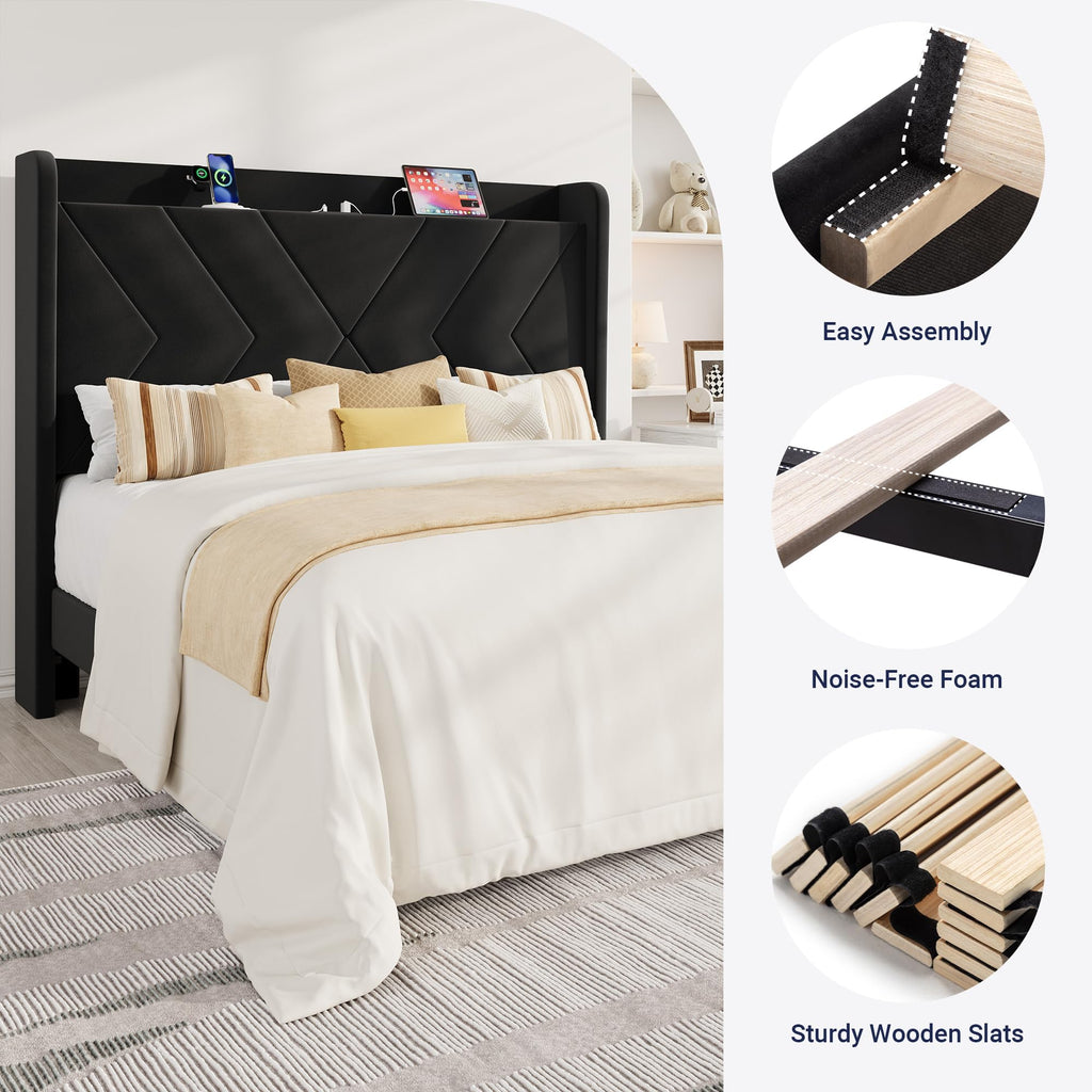 Queen Size Black Velvet Bed Frame with Charging and Shelf I229