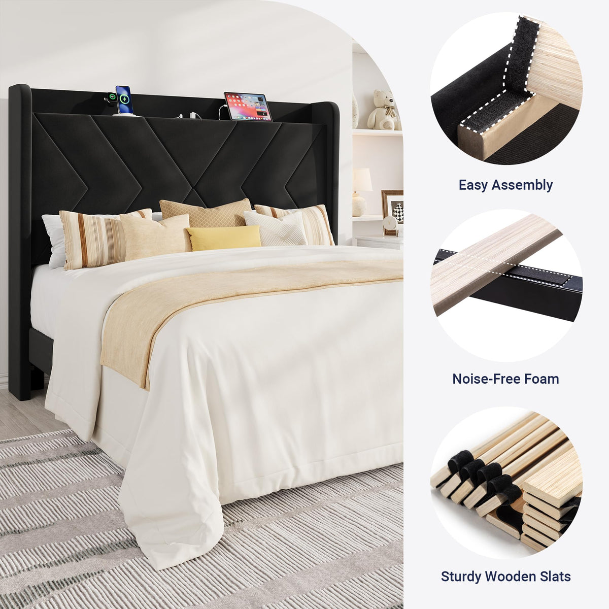 Queen Size Black Velvet Bed Frame with Charging and Shelf I229