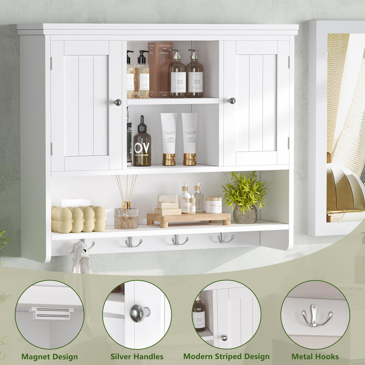 31.5"W 3-Tier Wall Mounted Bathroom Cabinet with Hooks X2849