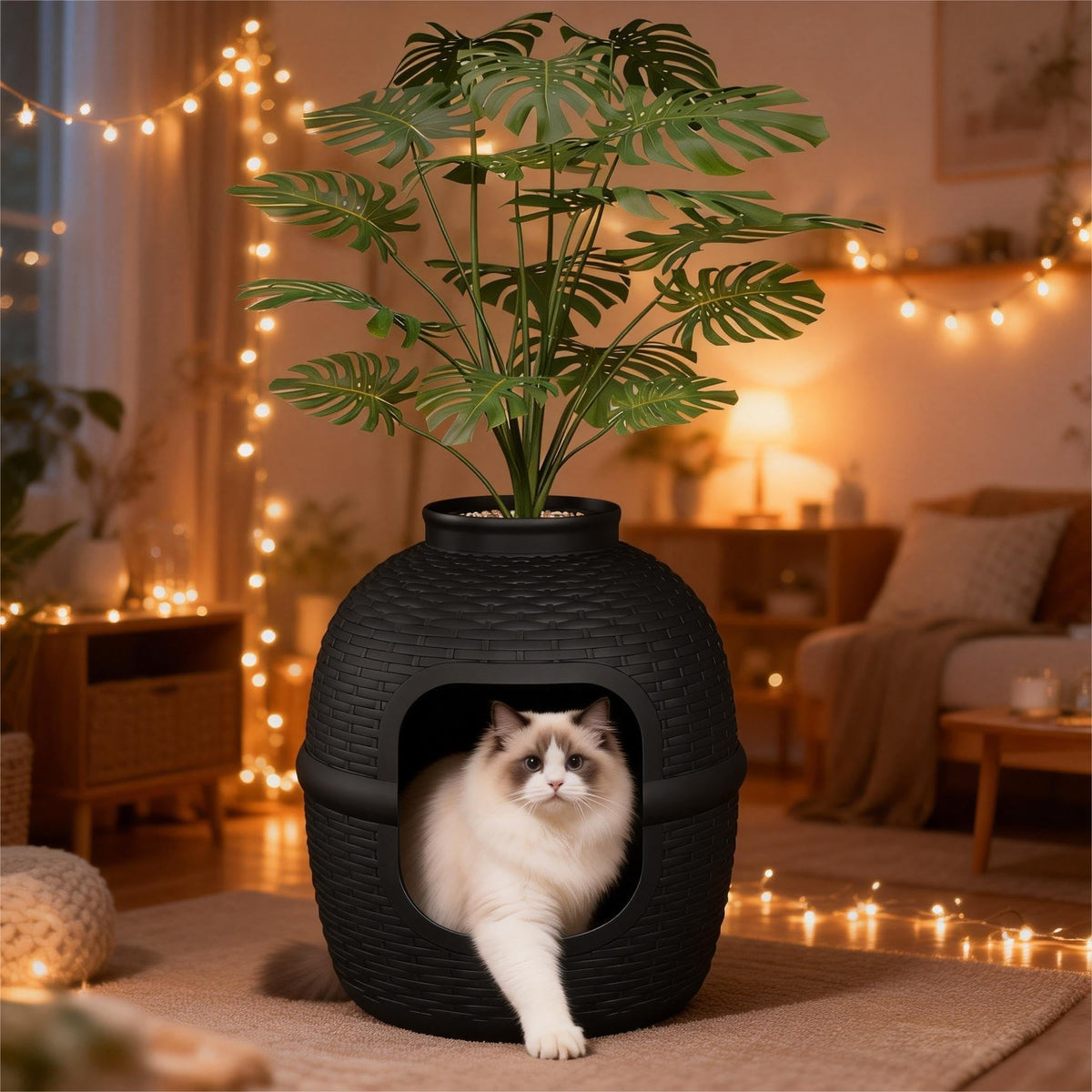 Black Large Cat Litter Box with Faux Plant O3106