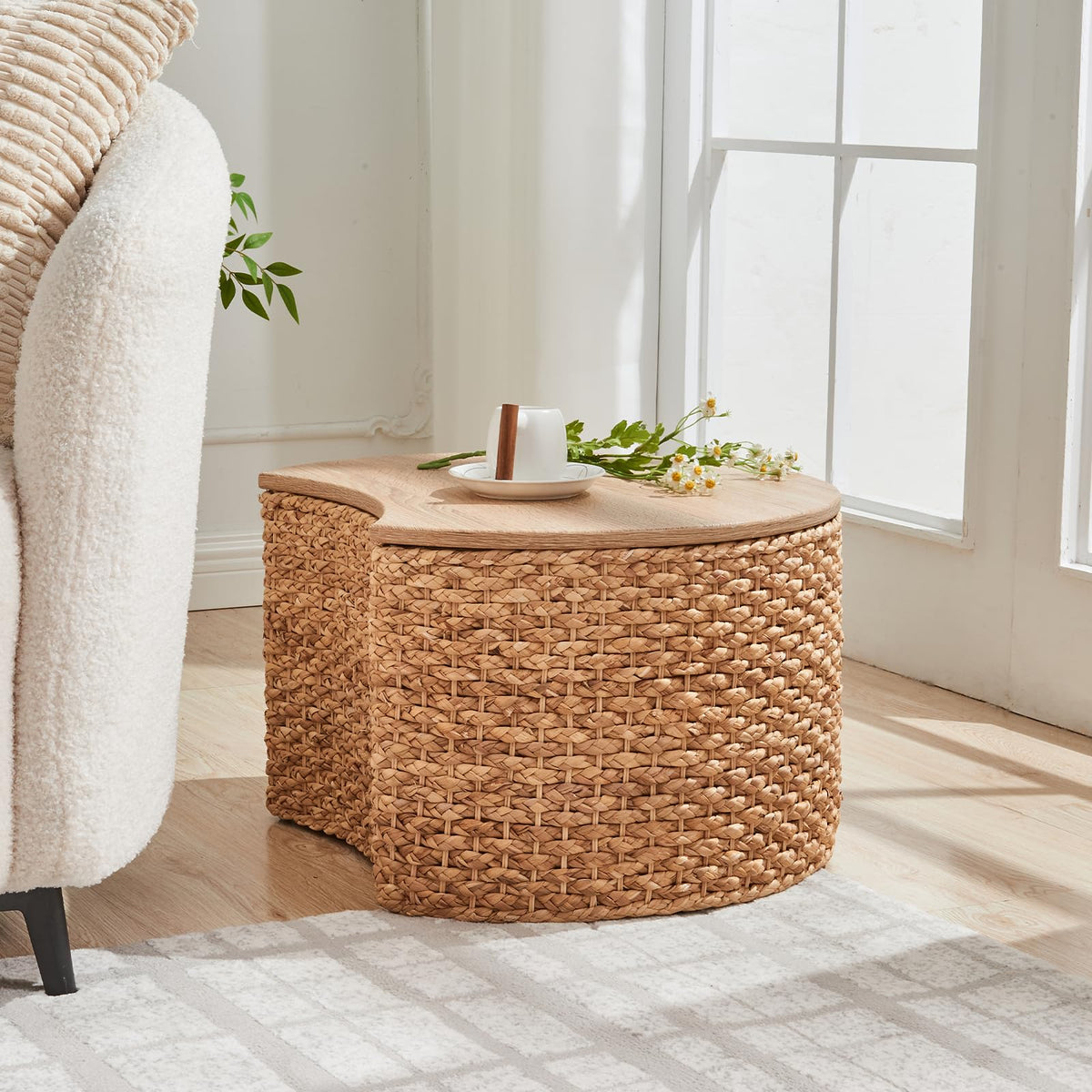 Round Nesting Coffee Table Set of 2 with Storage Wicker Rattan Wood Frame T819