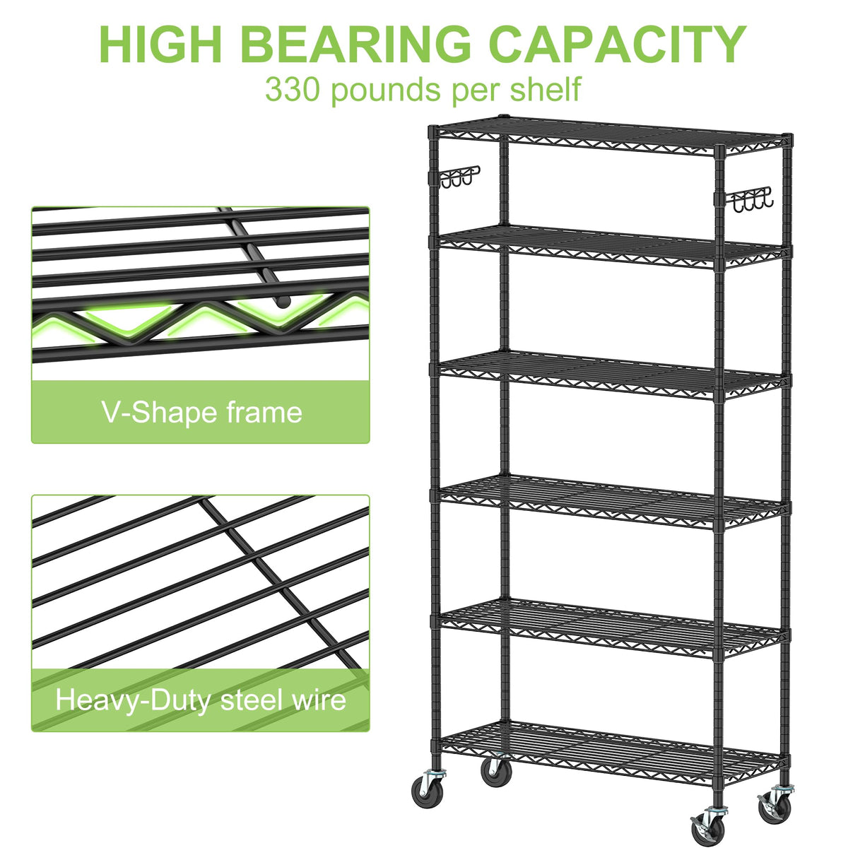 6 Tier Wire Metal Shelving Rack with Wheels V501023