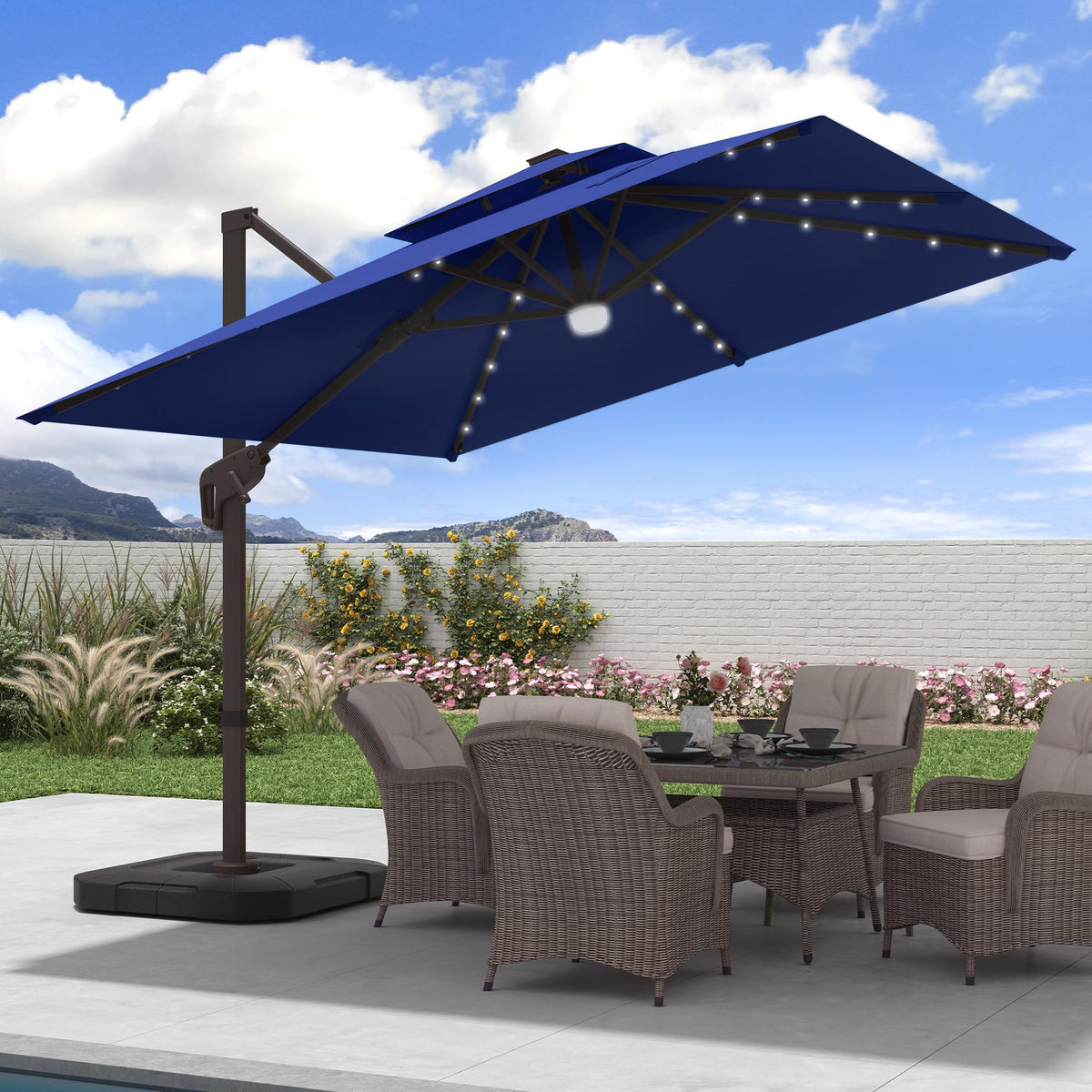 9x9 FT Cantilever Offset Patio Umbrella with Lights & Base L40450