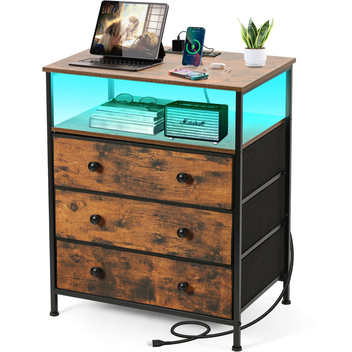 3-Drawer LED Nightstand with Charging Station M373