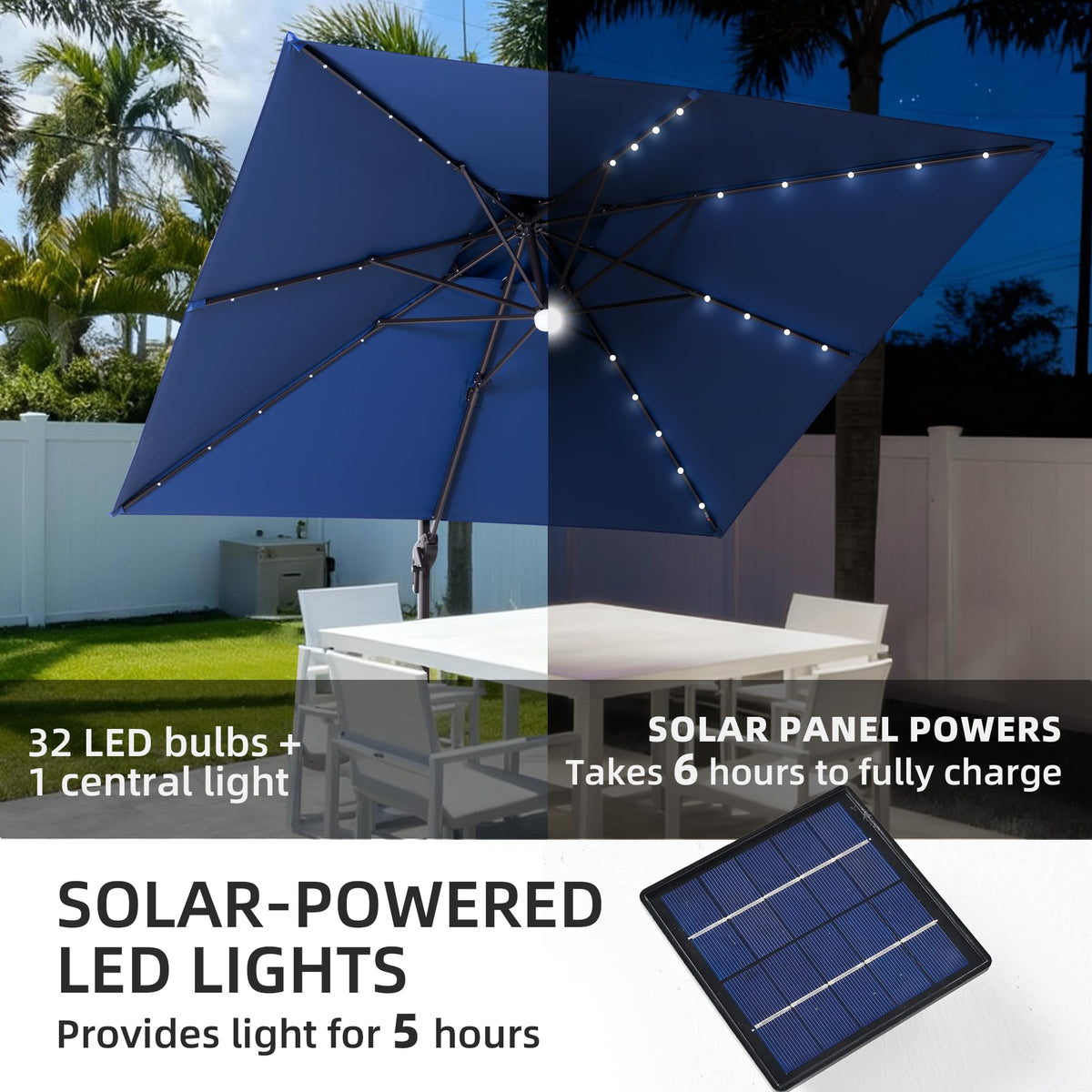 9x9 FT Cantilever Offset Patio Umbrella with Lights & Base L40450