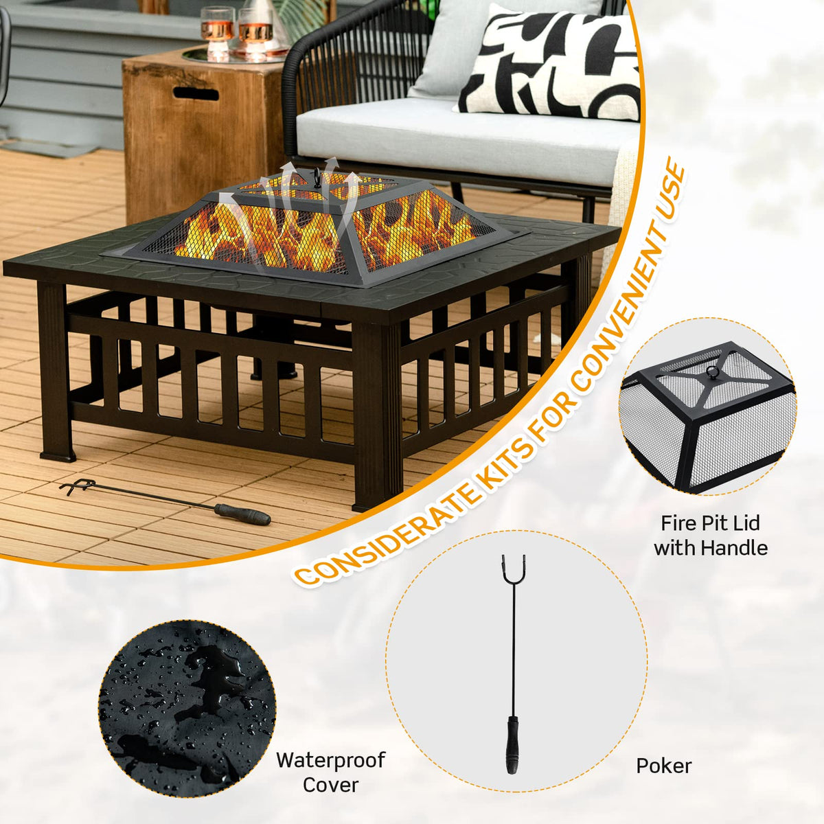 32 Inch Square Steel Wood Burning Fire Pit Y674608