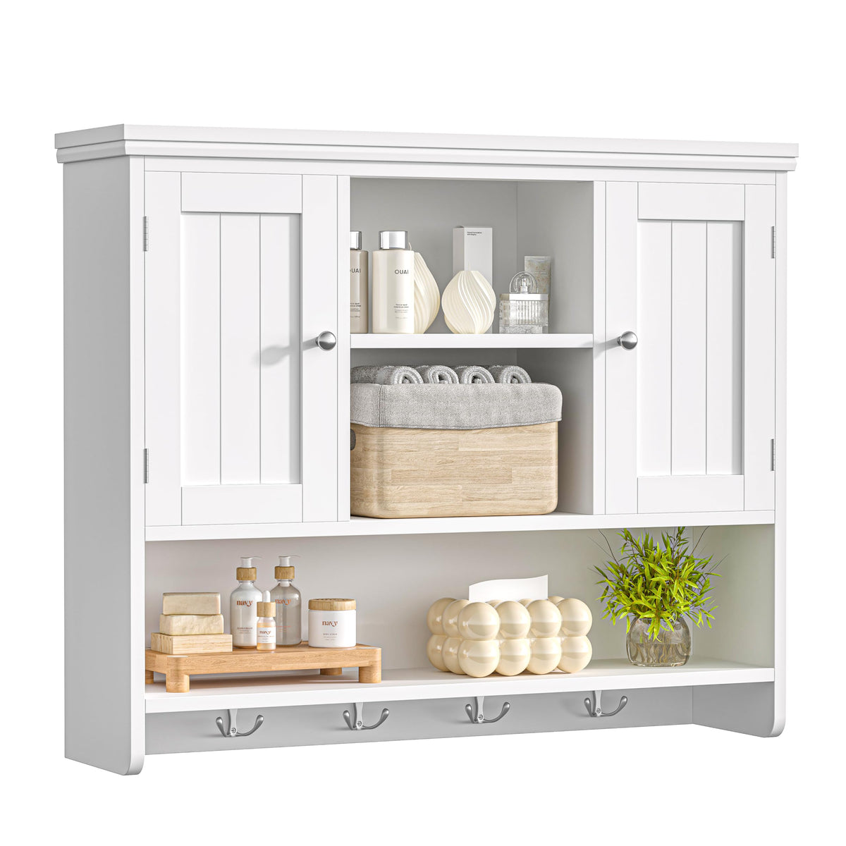 31.5"W 3-Tier Wall Mounted Bathroom Cabinet with Hooks X2849