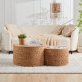 Round Nesting Coffee Table Set of 2 with Storage Wicker Rattan Wood Frame T819