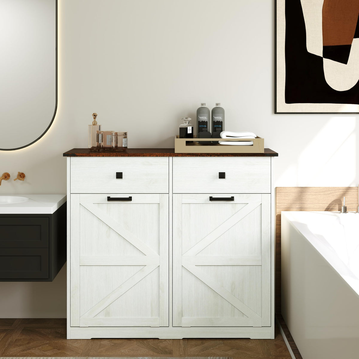 Double Tilt Out Trash Cabinet with Storage Drawers, Antique White K580