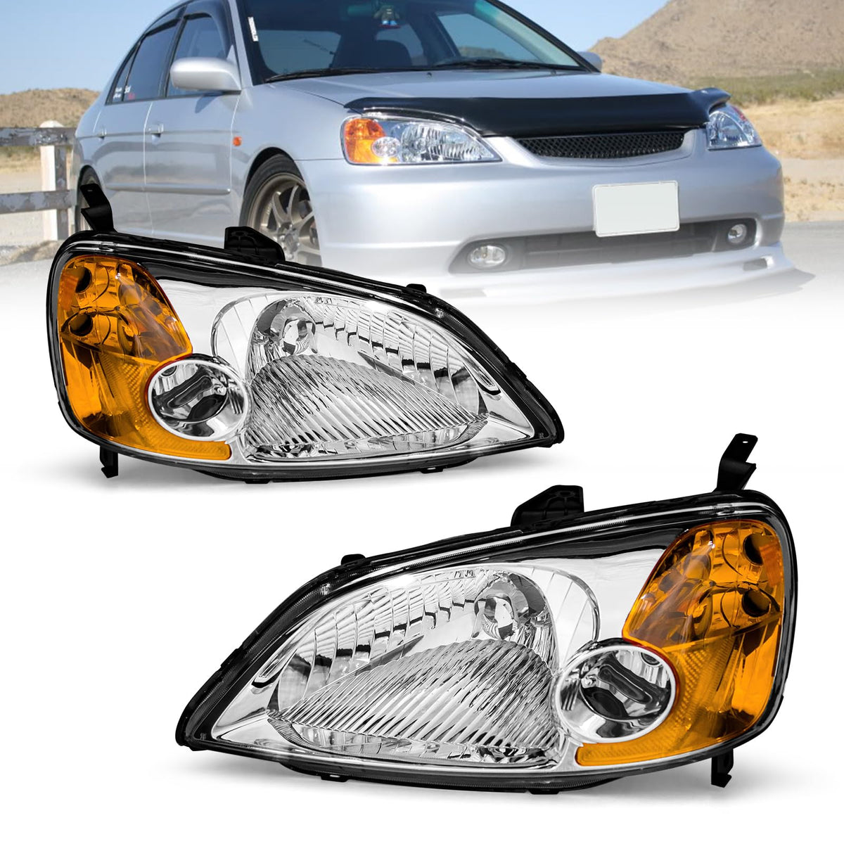 Headlight Assembly with Chrome Housing Amber Reflector Driver and Passenger Side O839514