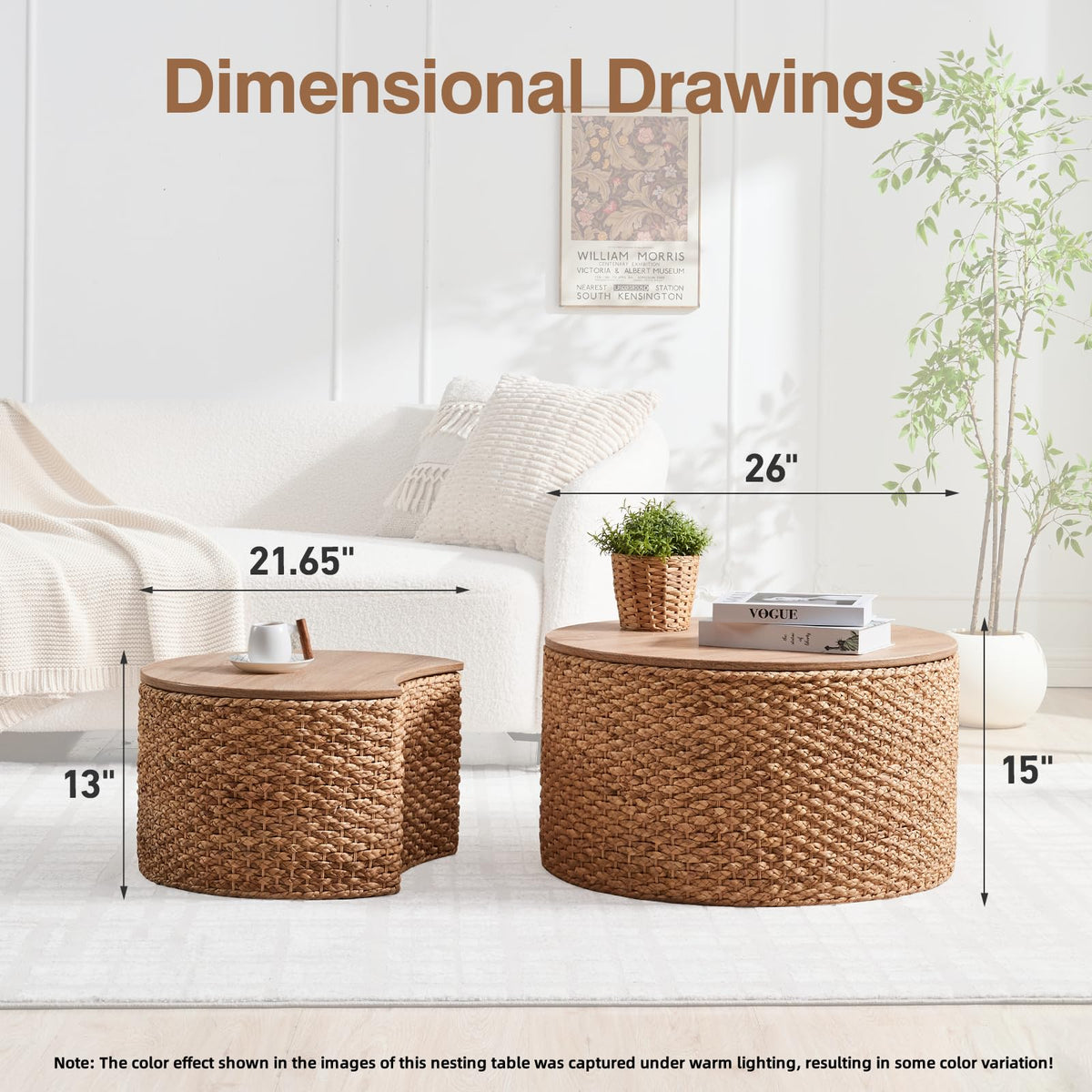 Round Nesting Coffee Table Set of 2 with Storage Wicker Rattan Wood Frame T819