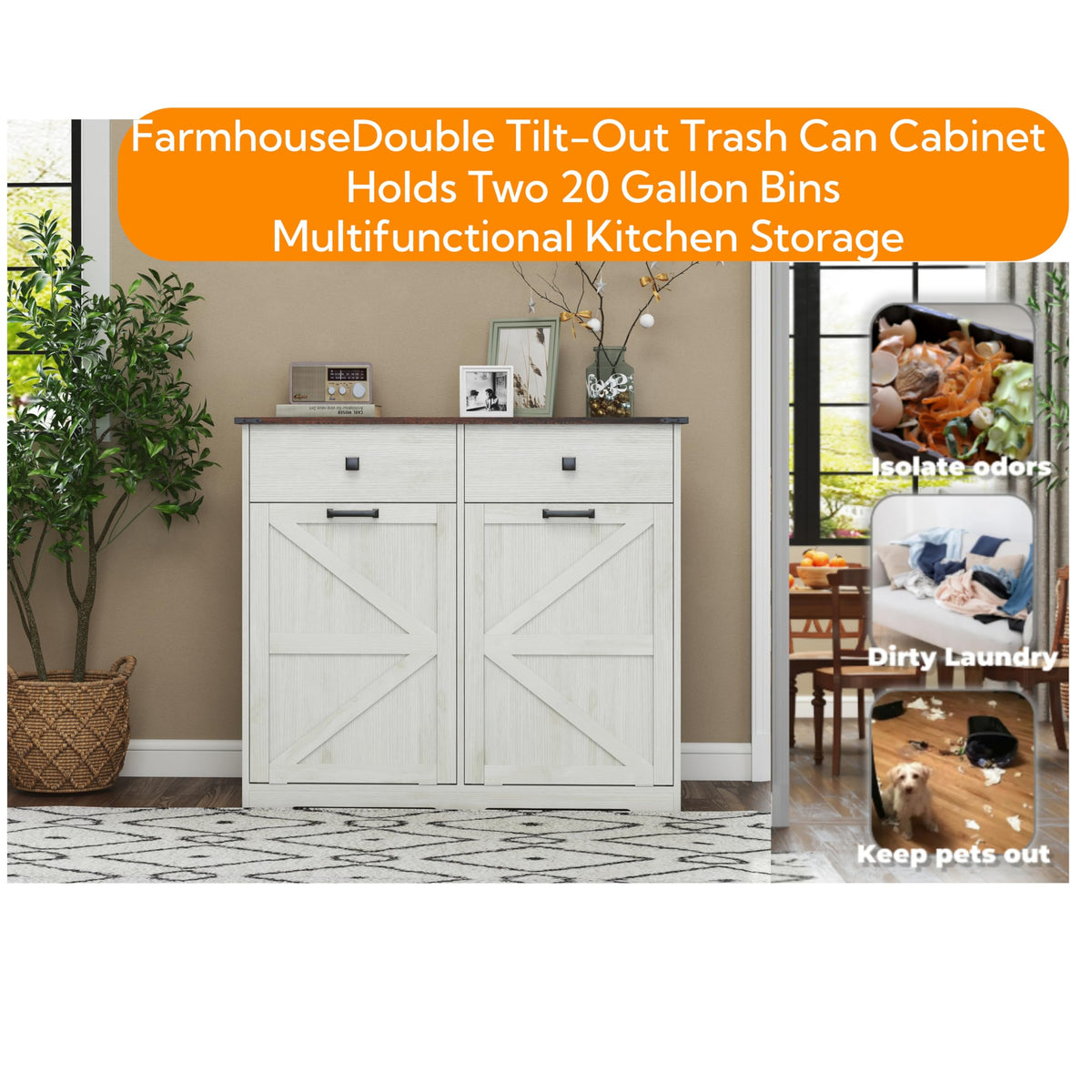 Double Tilt Out Trash Cabinet with Storage Drawers, Antique White K580