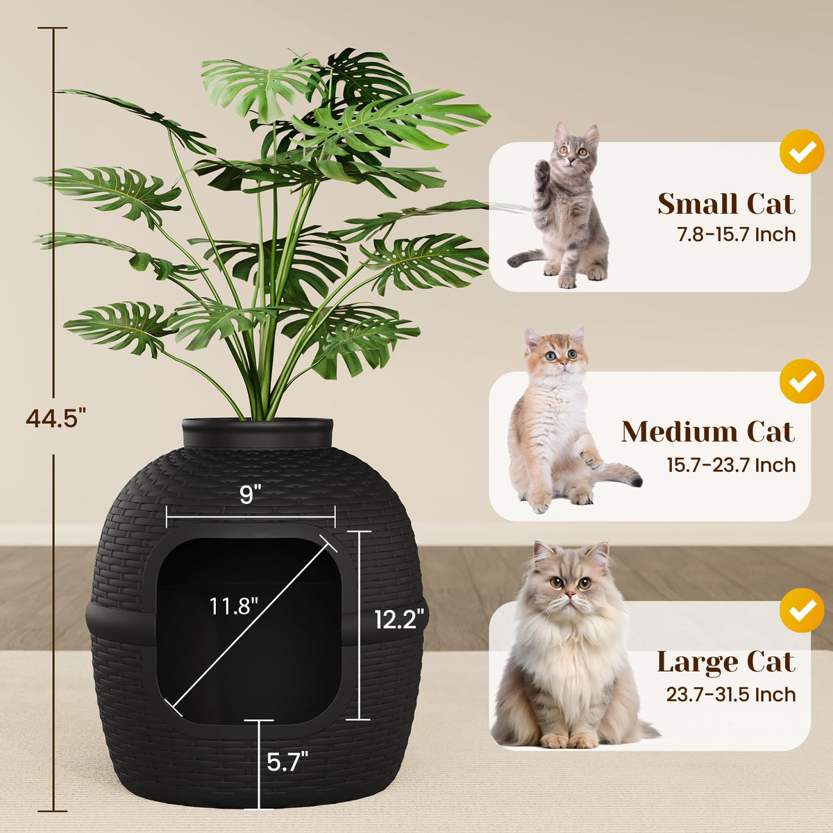 Black Large Cat Litter Box with Faux Plant O3106