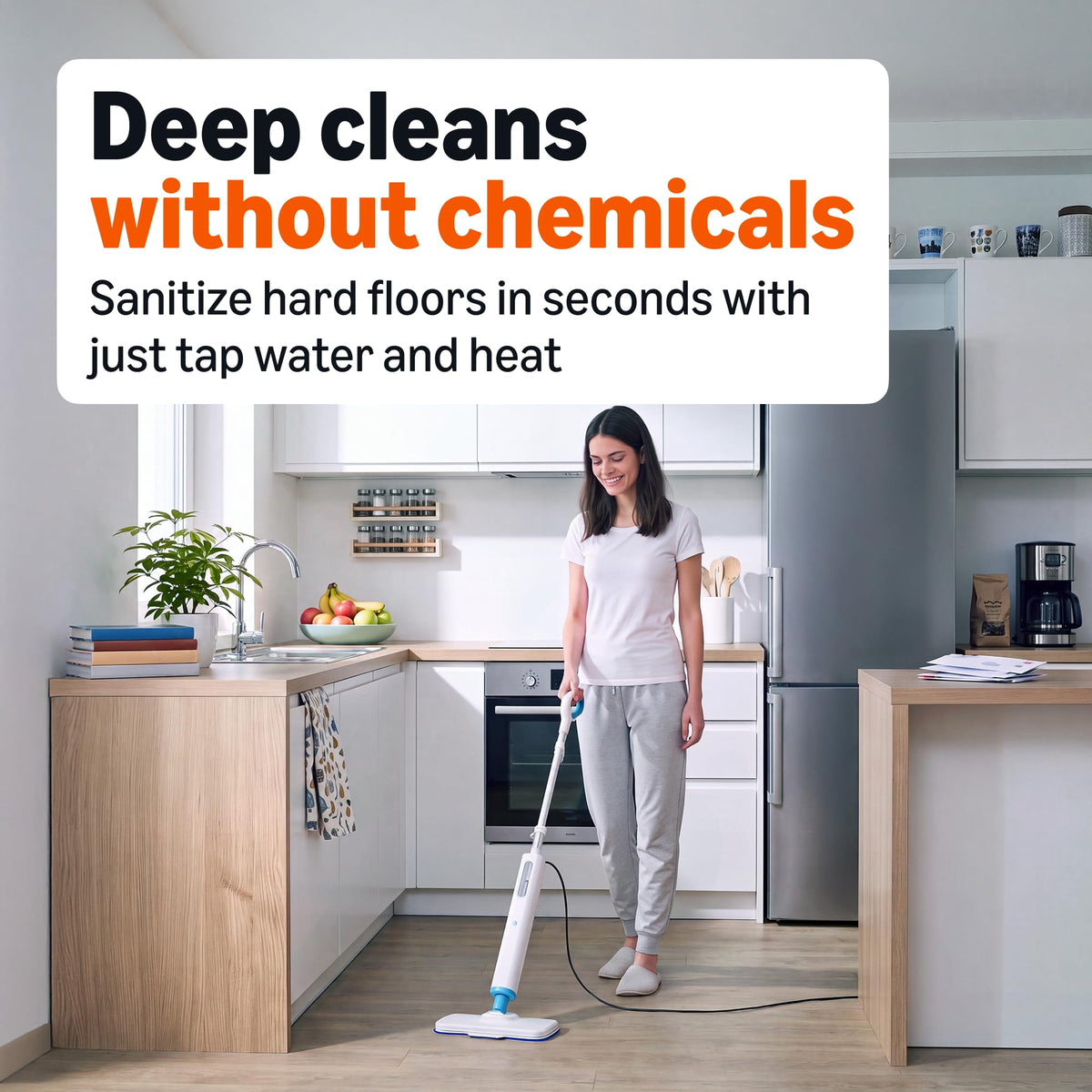 Steam Mop for Sealed Hard Floors, 3 Washable Pads, 20-Foot Cord, White D60568