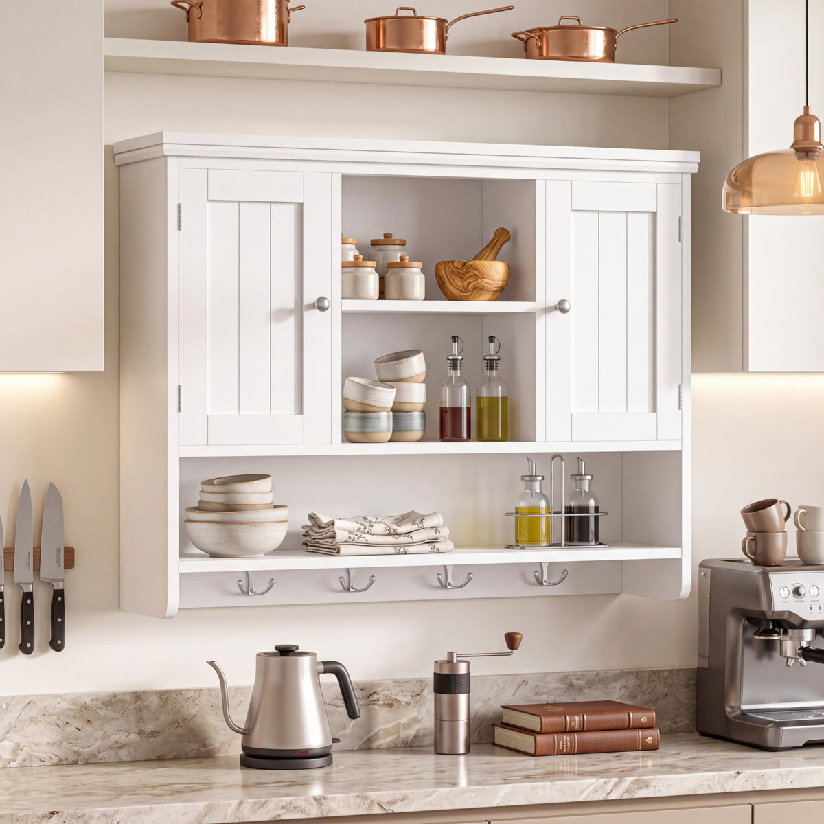 31.5"W 3-Tier Wall Mounted Bathroom Cabinet with Hooks X2849