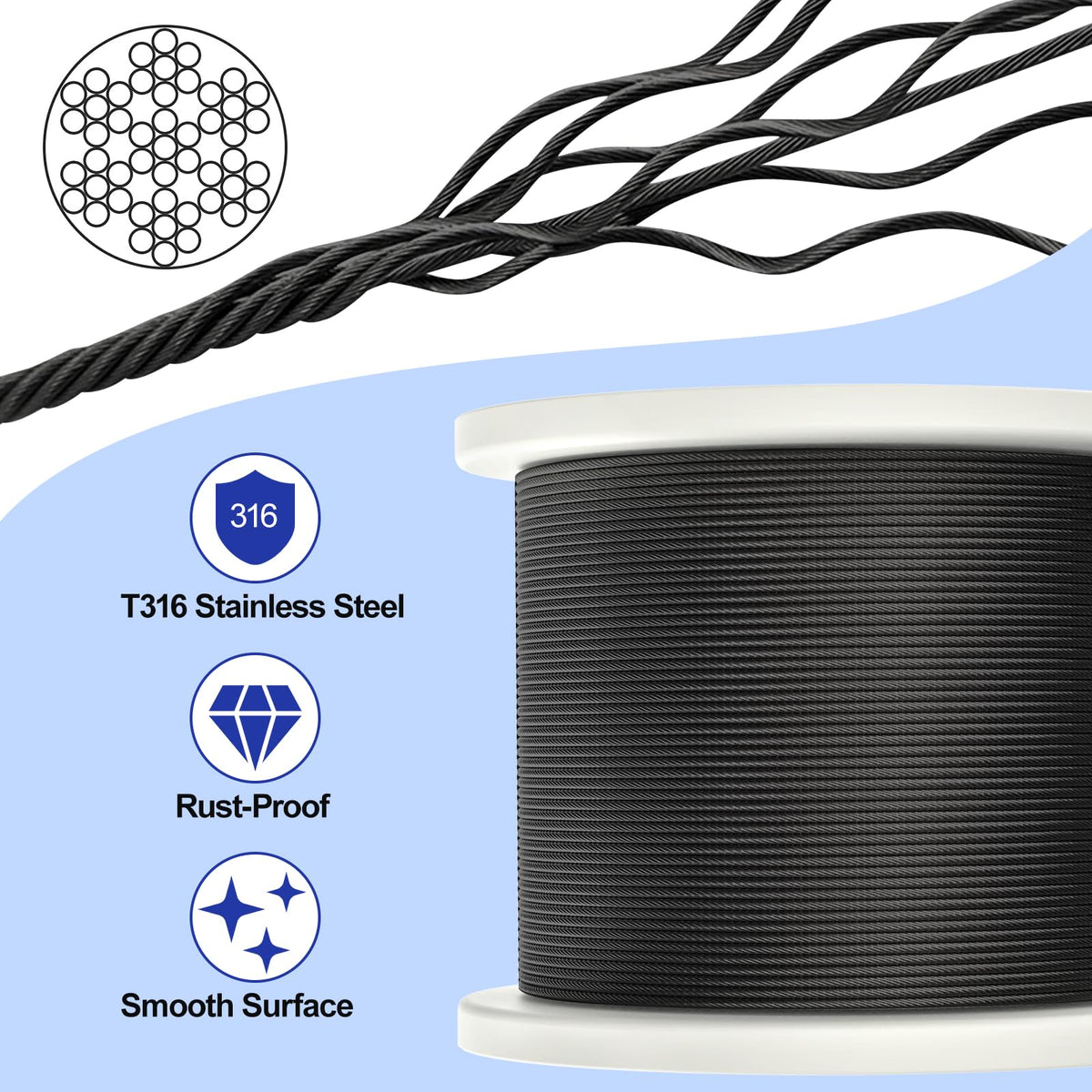 1000FT 1/8" Black Stainless Steel Cable X16254