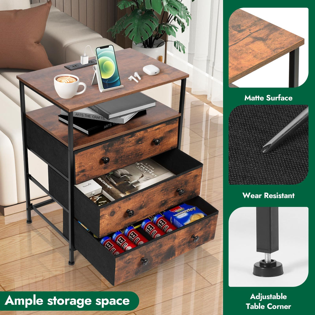 3-Drawer LED Nightstand with Charging Station M373