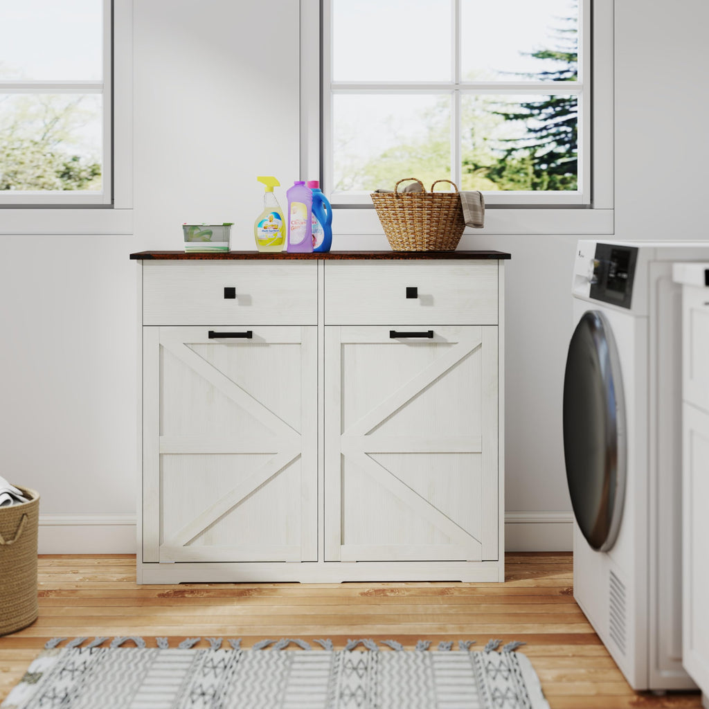 Double Tilt Out Trash Cabinet with Storage Drawers, Antique White K580