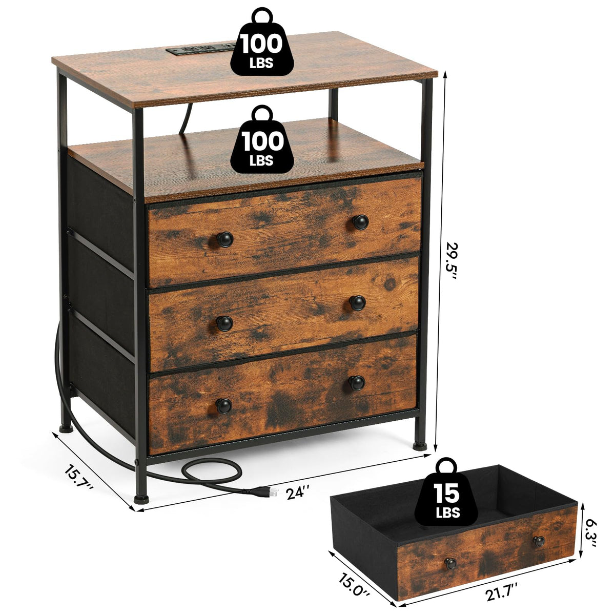 3-Drawer LED Nightstand with Charging Station M373