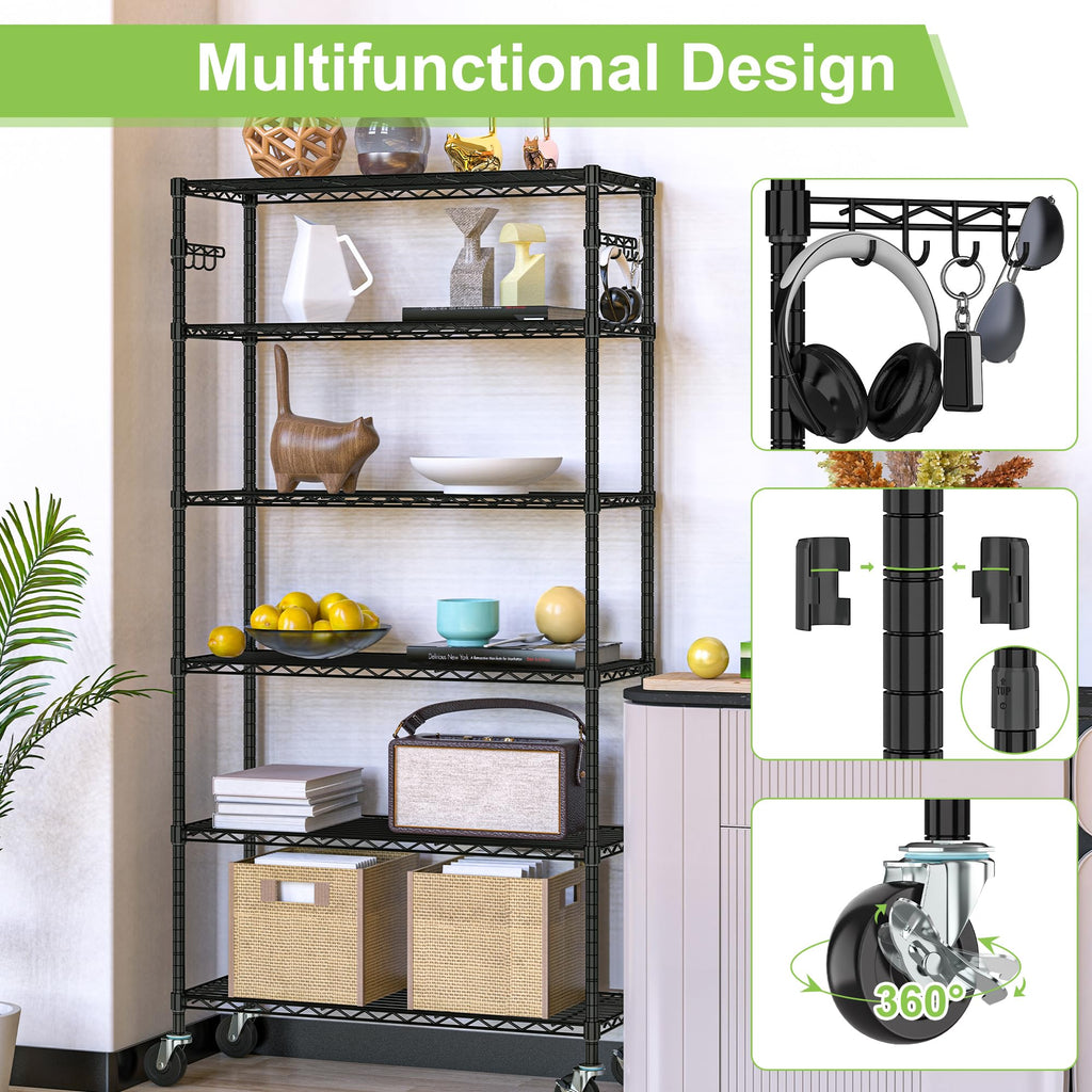 6 Tier Wire Metal Shelving Rack with Wheels V501023