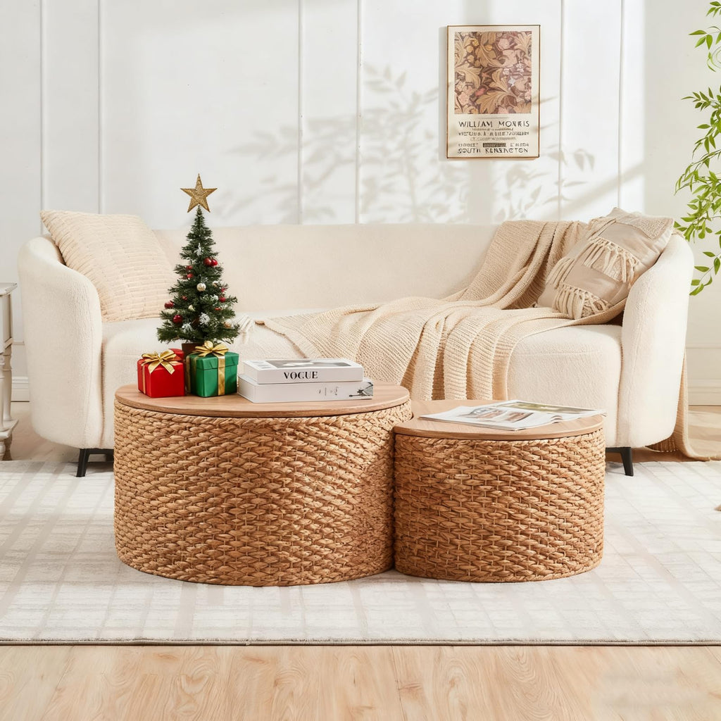 Round Nesting Coffee Table Set of 2 with Storage Wicker Rattan Wood Frame T819